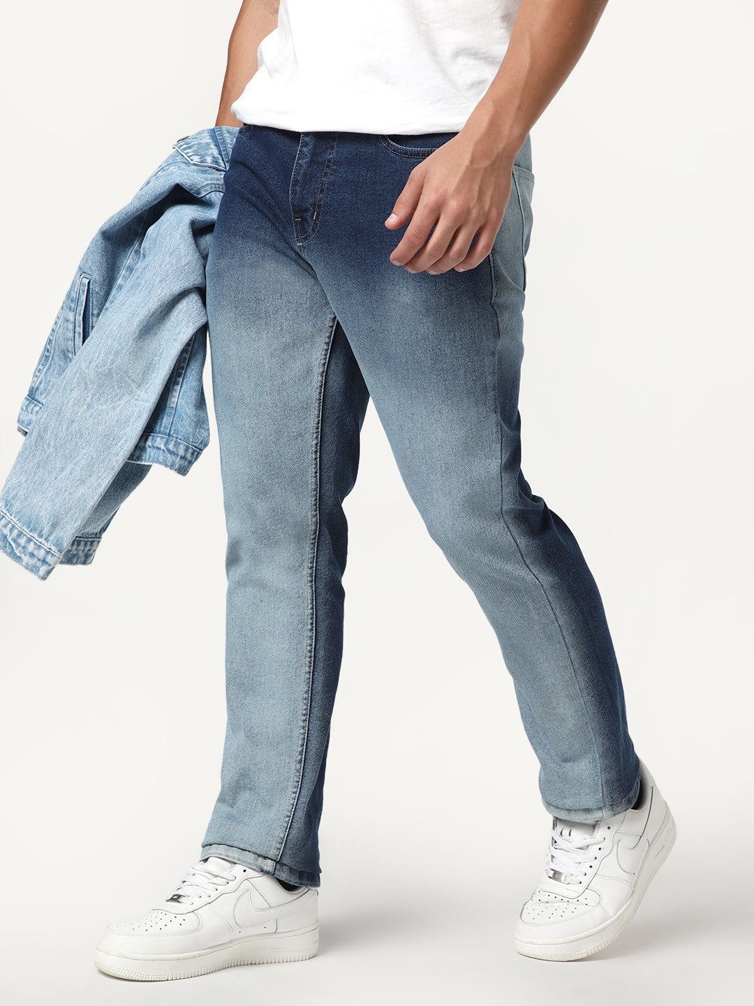 Men's Blue Straight Fit Heavy Washed Faded Denim Jeans Stretchable