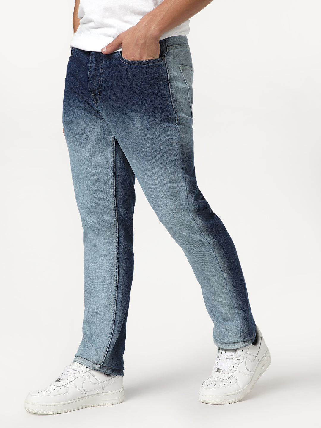 Men's Blue Straight Fit Heavy Washed Faded Denim Jeans Stretchable