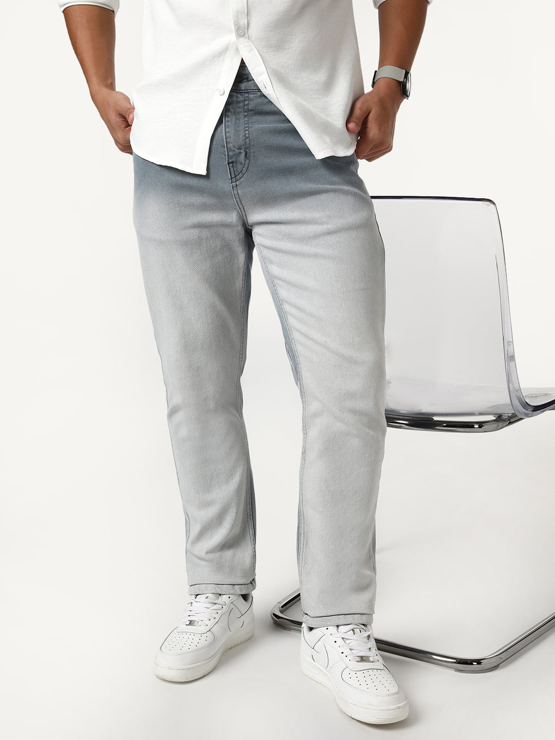 Men's Grey Straight Fit Heavy Washed Faded Denim Jeans Stretchable