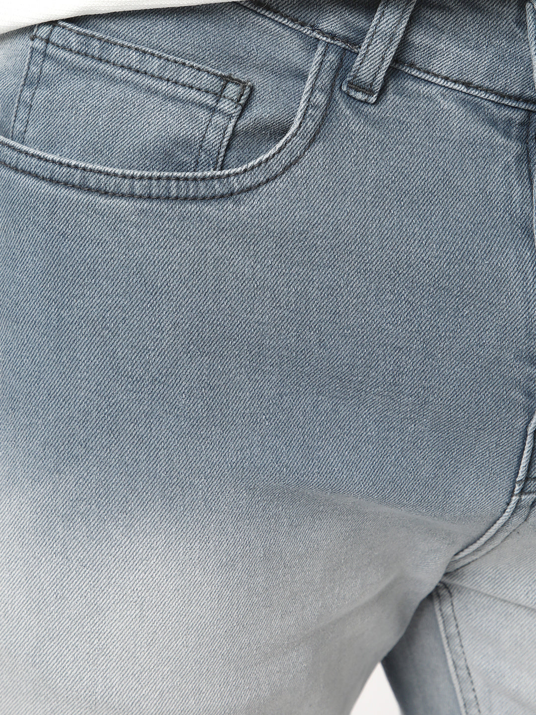 Men's Grey Straight Fit Heavy Washed Faded Denim Jeans Stretchable