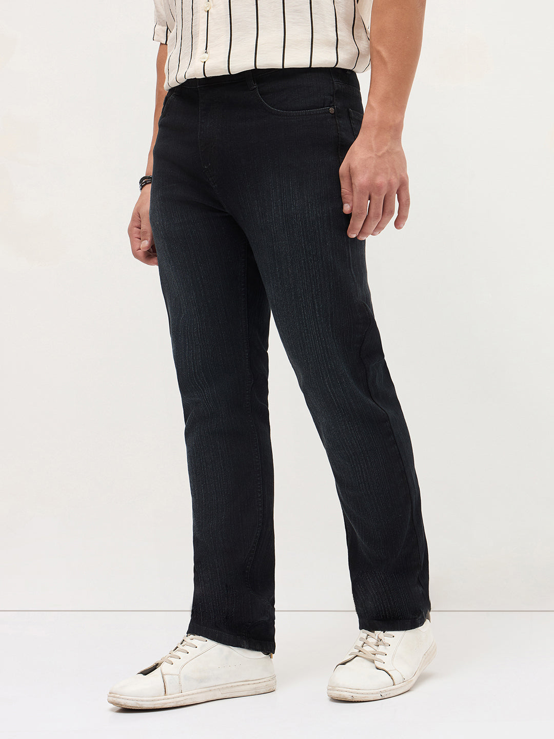 Men's Black Straight Fit Washed Denim Jeans Stretchable