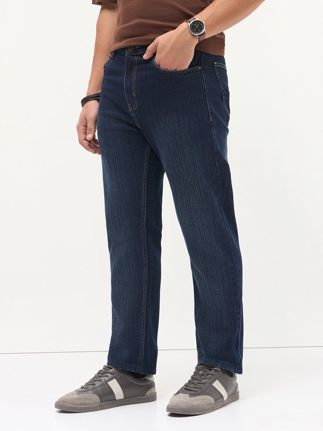 Men's Dark Blue Straight Fit Washed Denim Jeans Stretchable