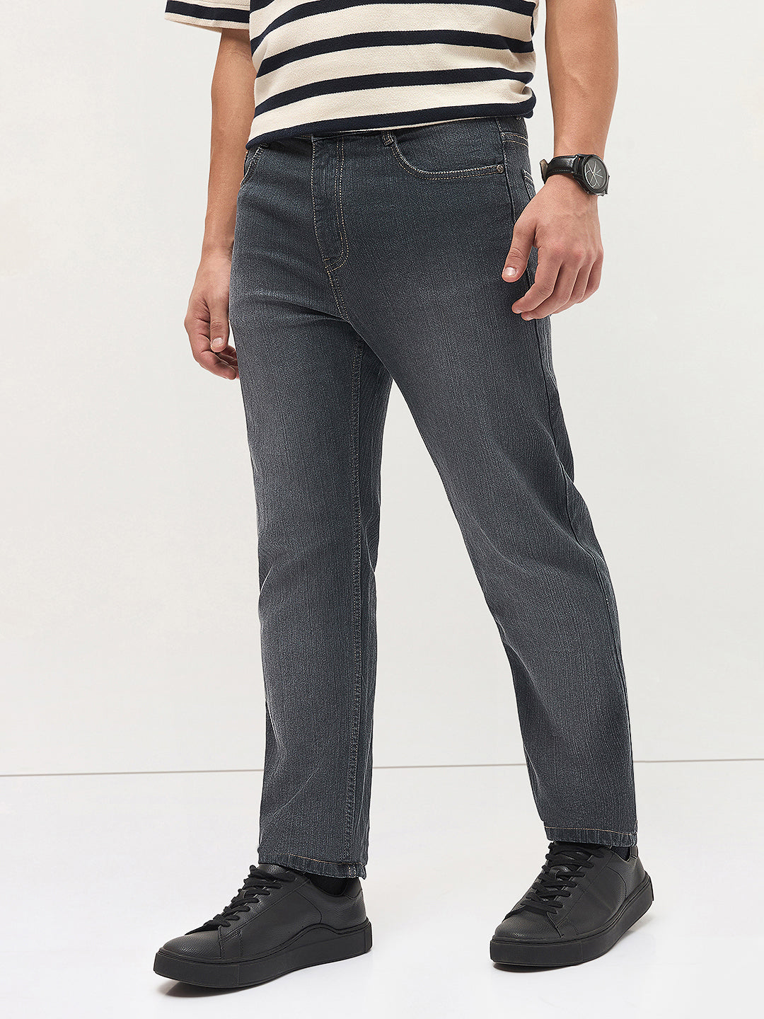 Men's Dark Grey Straight Fit Washed Denim Jeans Stretchable