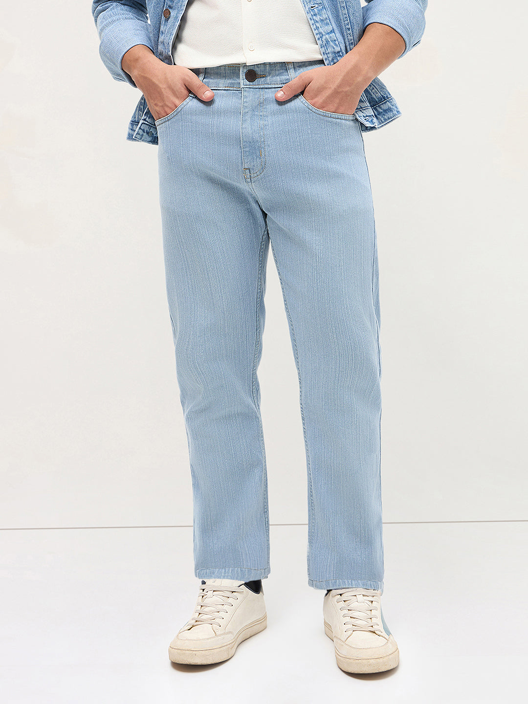 Men's Ice Blue Straight Fit Washed Denim Jeans Stretchable