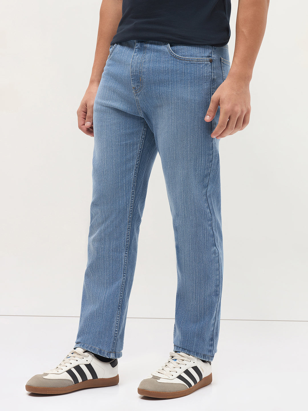 Men's Light Blue Straight Fit Washed Denim Jeans Stretchable
