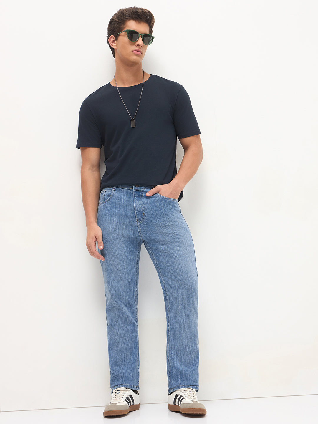 Men's Light Blue Straight Fit Washed Denim Jeans Stretchable