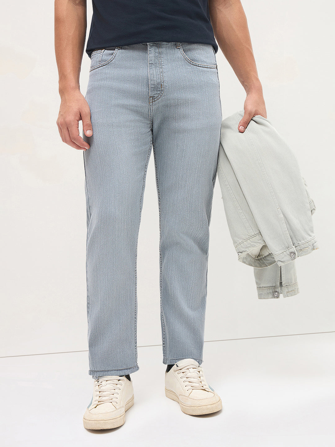 Men's Light Grey Straight Fit Washed Denim Jeans Stretchable