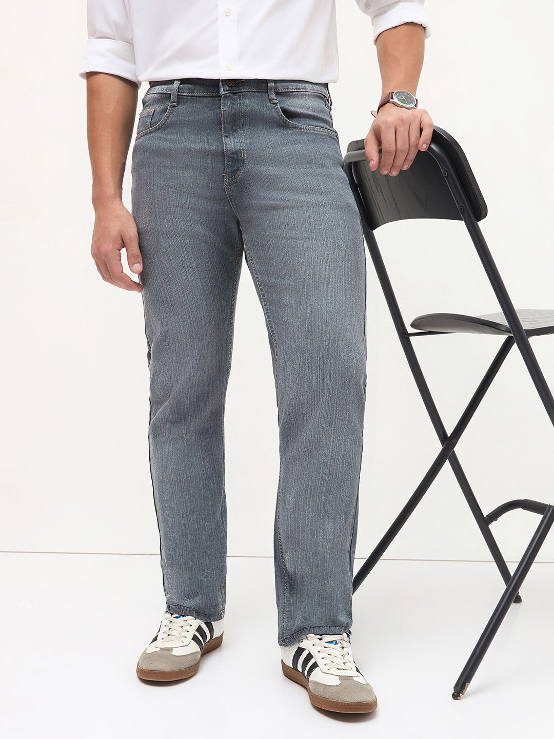 Men's Grey Straight Fit Washed Denim Jeans Stretchable