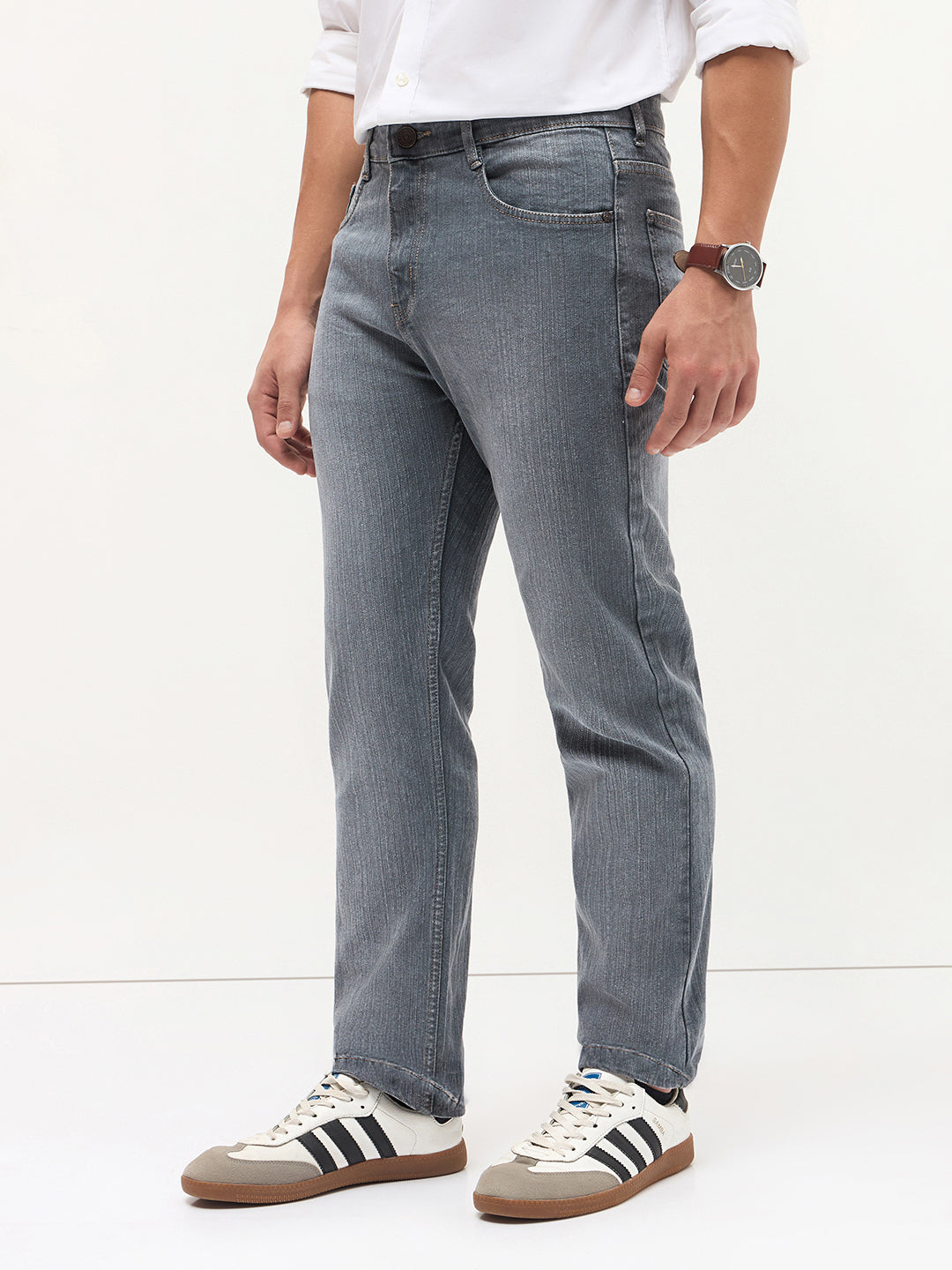 Men's Grey Straight Fit Washed Denim Jeans Stretchable