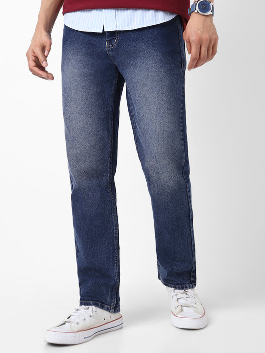 Men's Blue Washed Straight Fit Drawstring Jeans