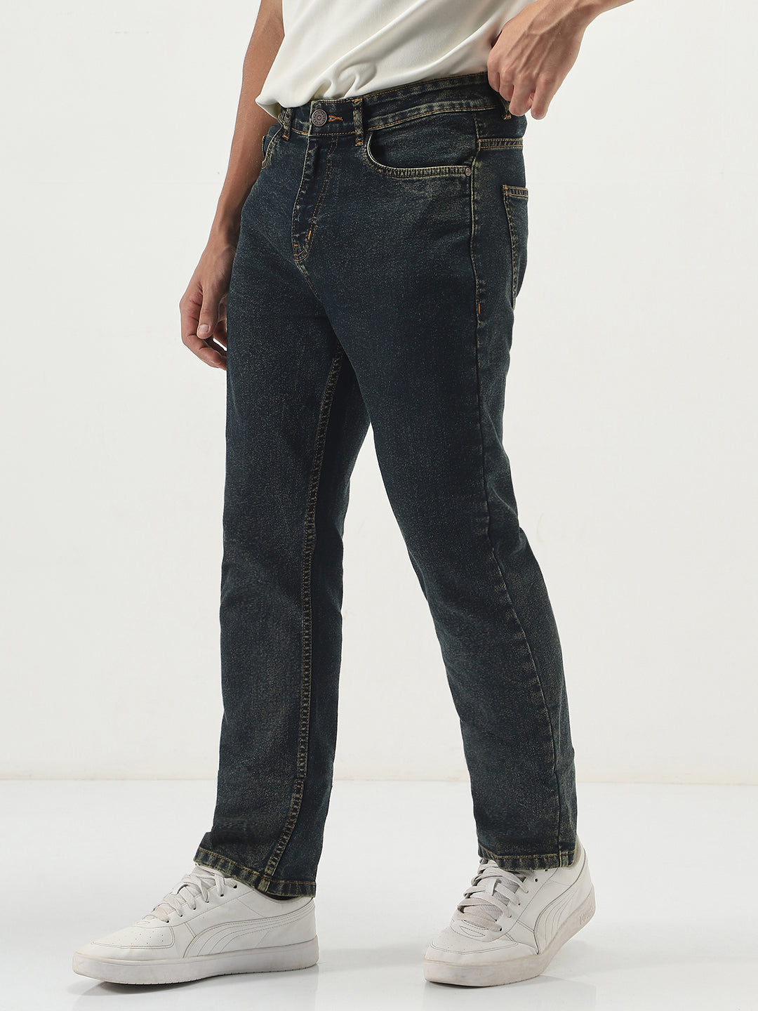 Men's Dark Blue Straight Fit Heavy Washed Jeans Stretchable