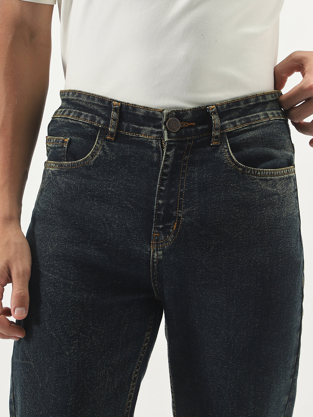 Men's Dark Blue Straight Fit Heavy Washed Jeans Stretchable