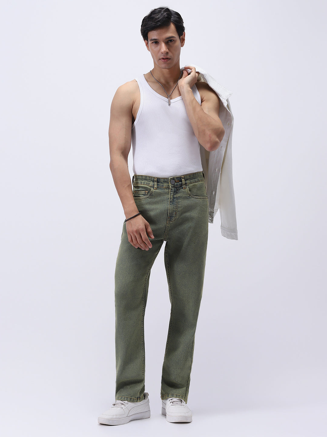 Men's Ice Blue Straight Fit Heavy Washed Jeans Stretchable