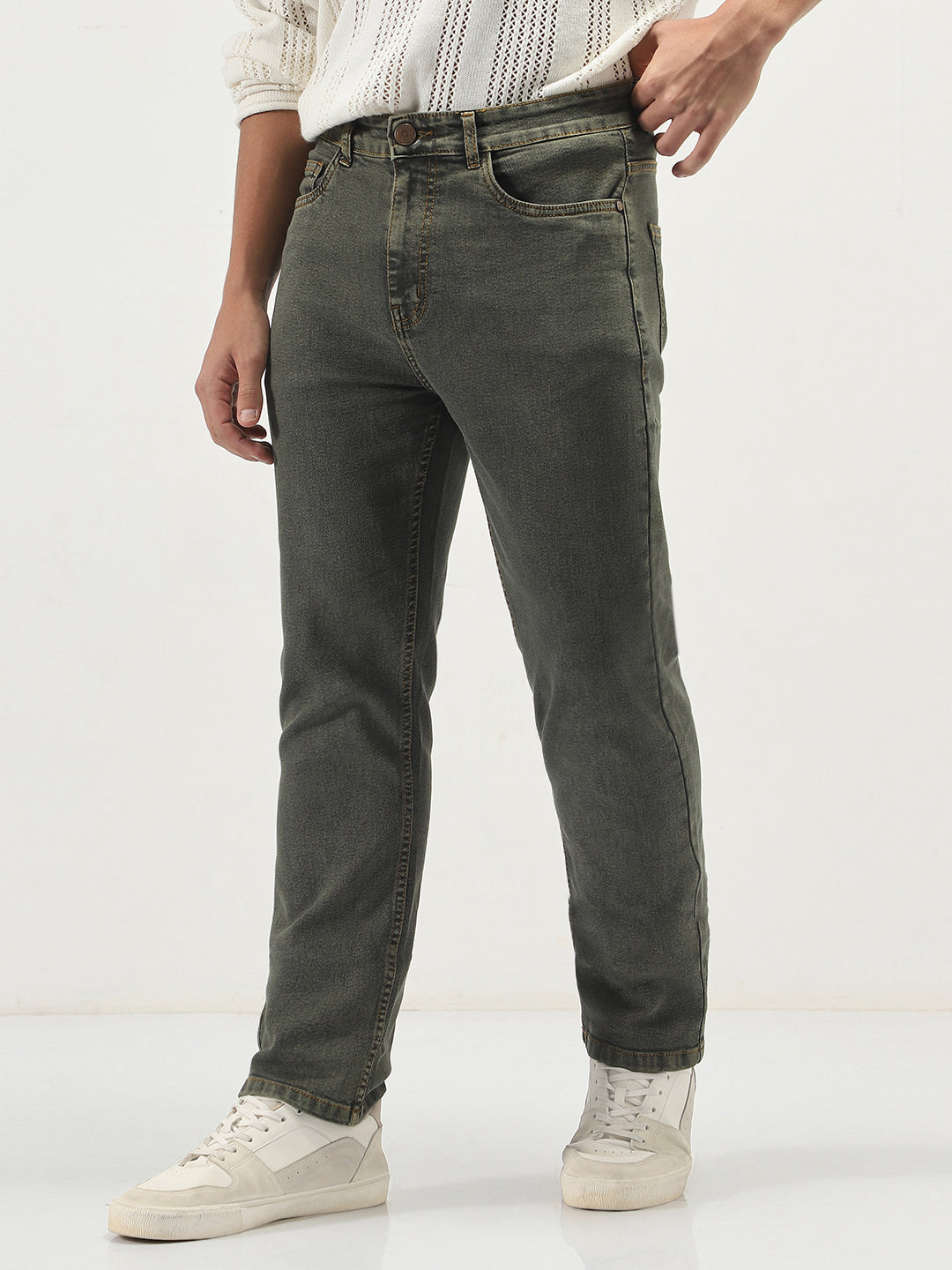 Men's Grey Straight Fit Heavy Washed Jeans Stretchable