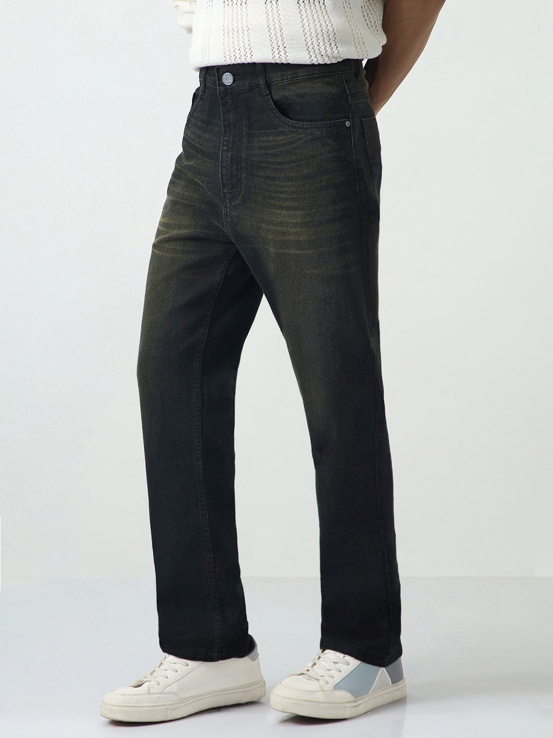 Men's Black Straight Fit Heavy Washed Jeans Stretchable