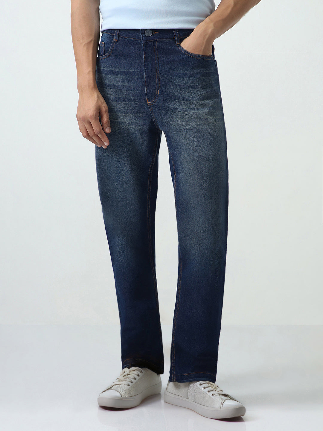 Men's Dark Blue Straight Fit Heavy Washed Jeans Stretchable