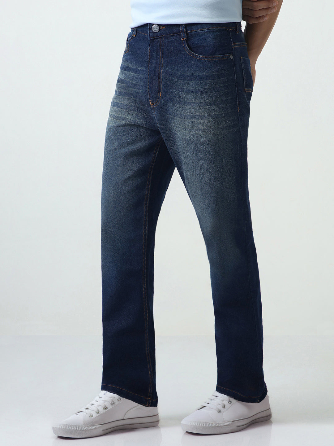 Men's Dark Blue Straight Fit Heavy Washed Jeans Stretchable