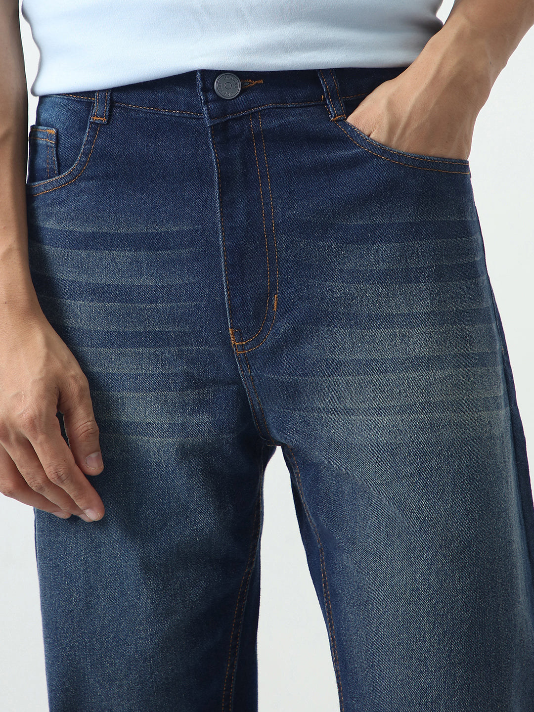 Men's Dark Blue Straight Fit Heavy Washed Jeans Stretchable