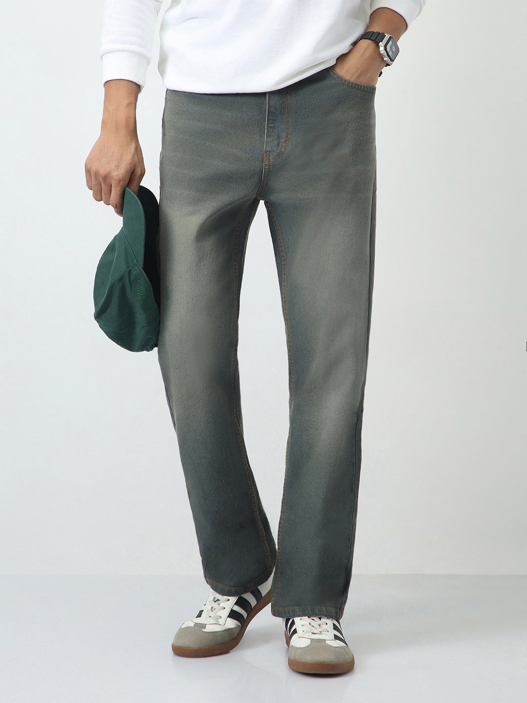 Men's Dark Grey Straight Fit Heavy Washed Jeans Stretchable