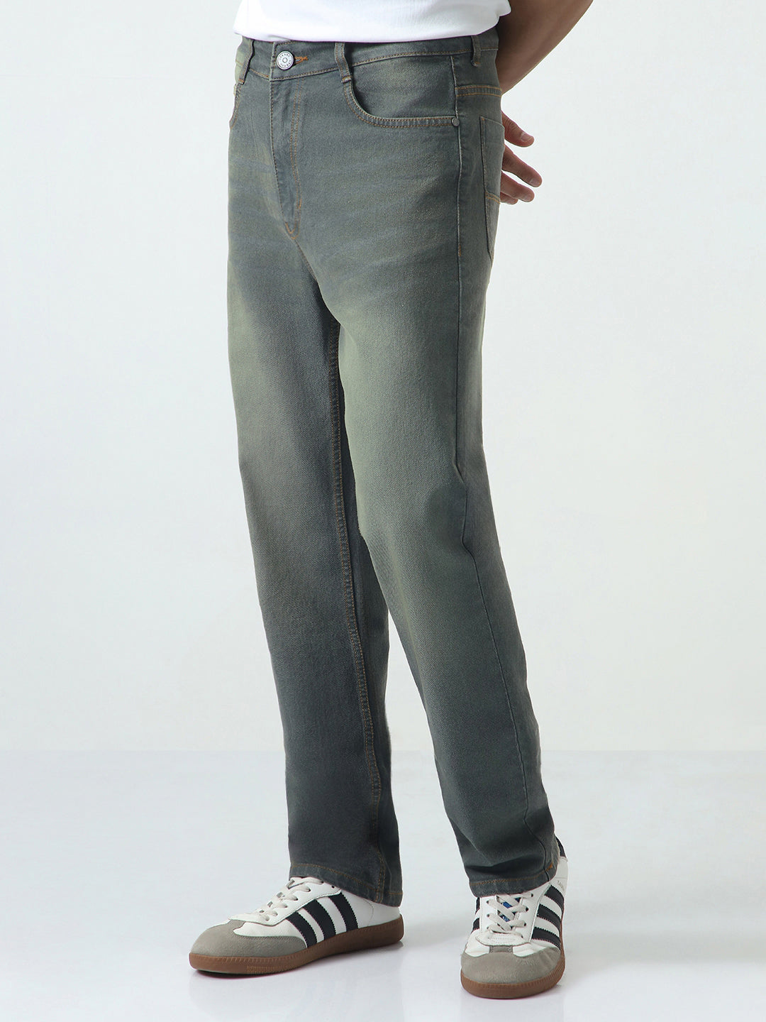 Men's Dark Grey Straight Fit Heavy Washed Jeans Stretchable