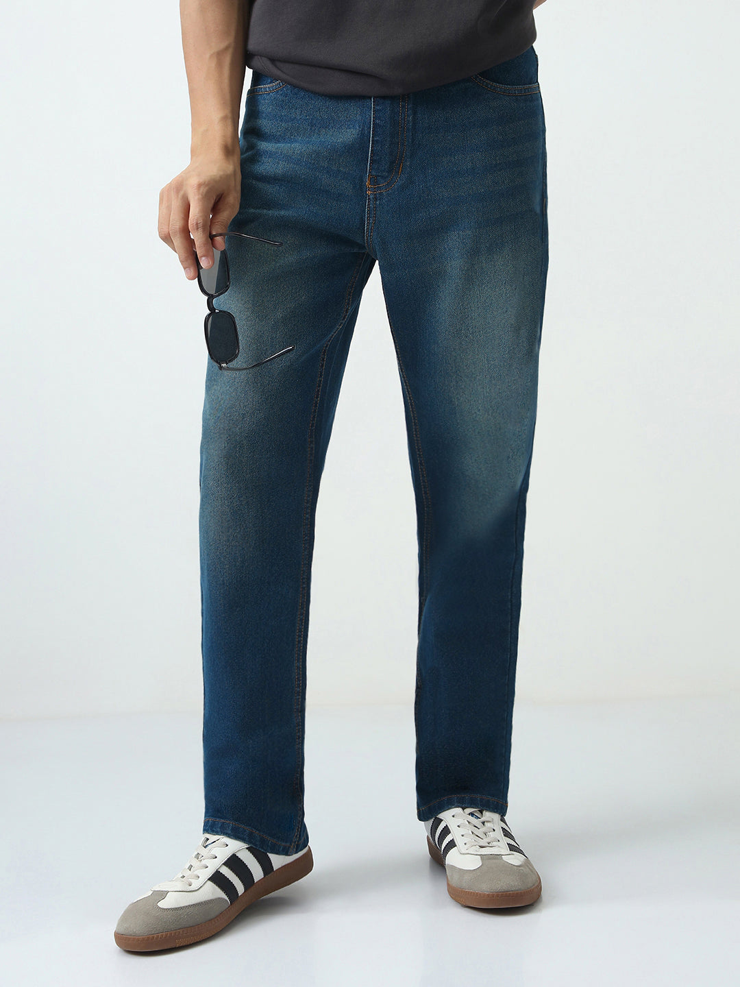 Men's Blue Straight Fit Heavy Washed Jeans Stretchable