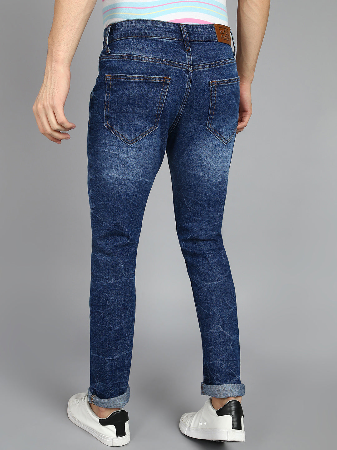 Men's Blue Slim Fit Heavy Washed Mild Distressed Patched Jeans Stretch