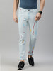 Men's Ice Blue Slim Fit Washed Splatter Printed Jeans Stretchable
