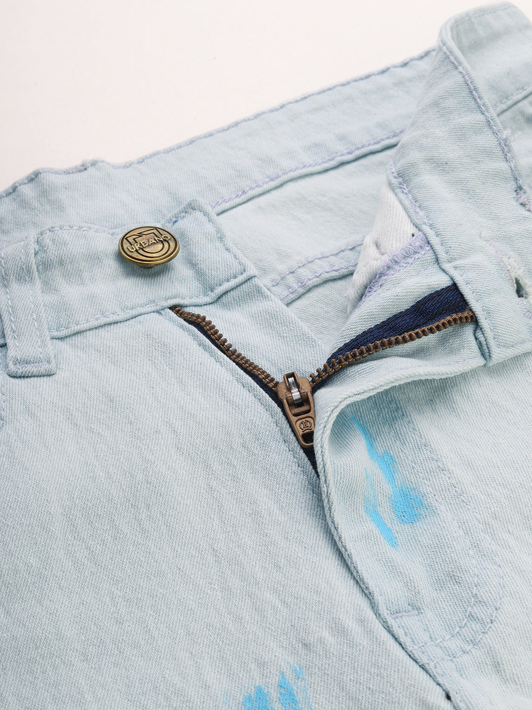 Men's Ice Blue Slim Fit Washed Splatter Printed Jeans Stretchable