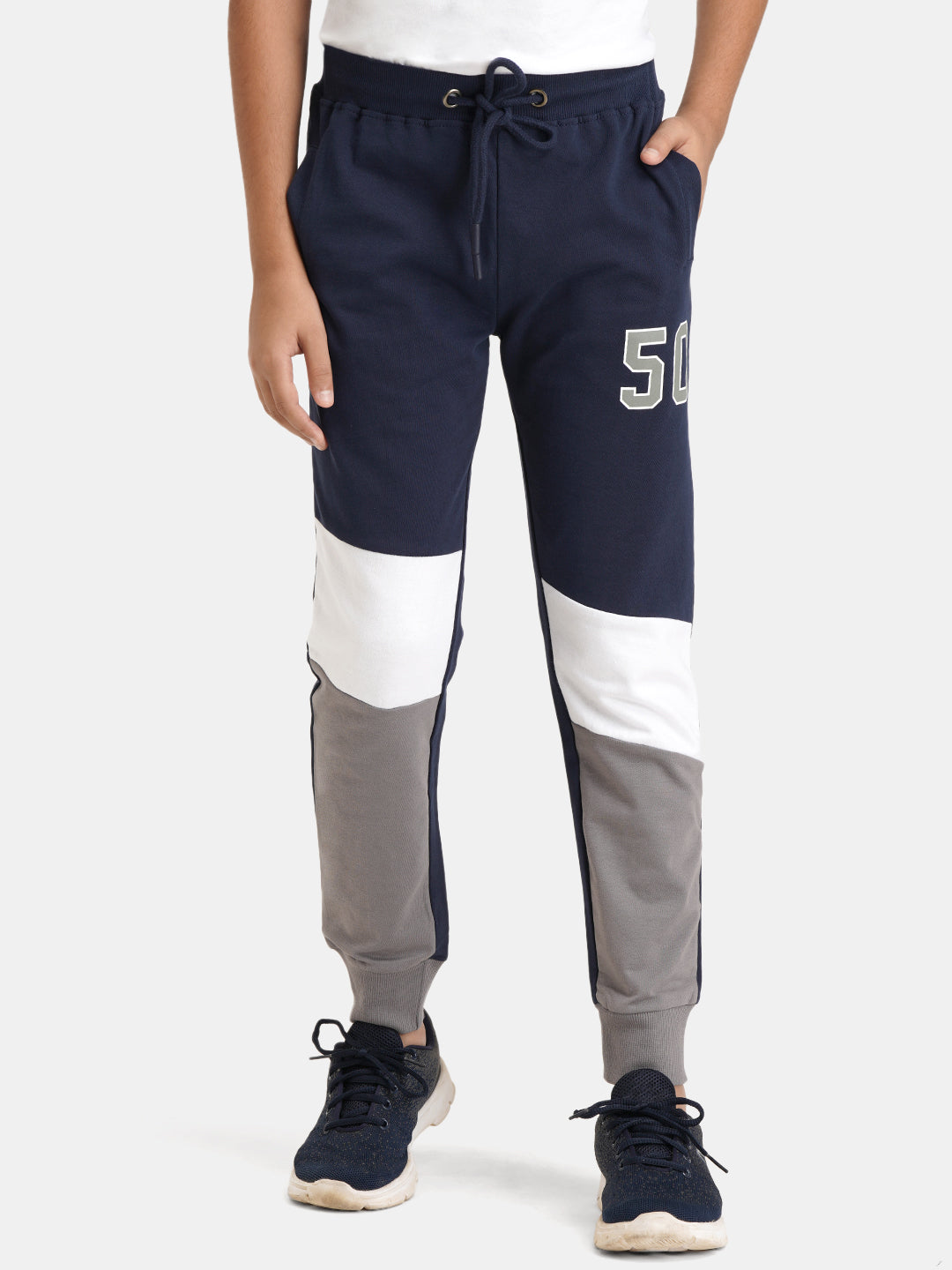 Urbano Juniors Boy's Dark Blue, White, Grey Printed, Color Block Regular Fit Jogger Track Pants Stretch