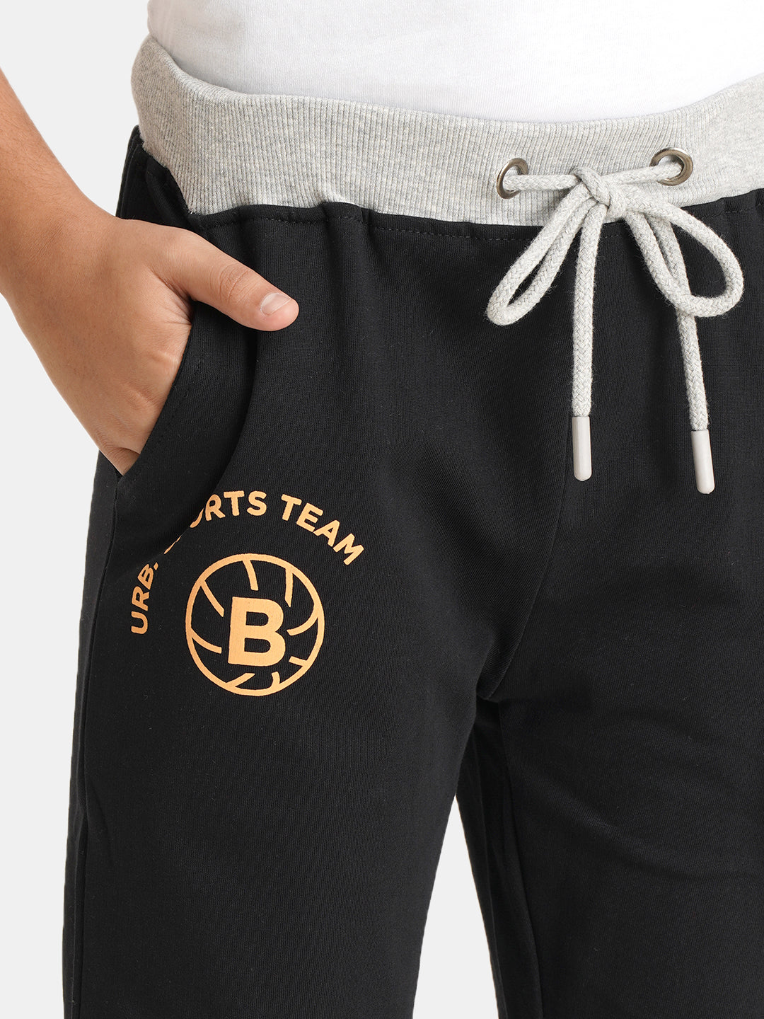 Urbano Juniors Boy's Black, Grey Printed, Color Block Regular Fit Jogger Track Pants Stretch