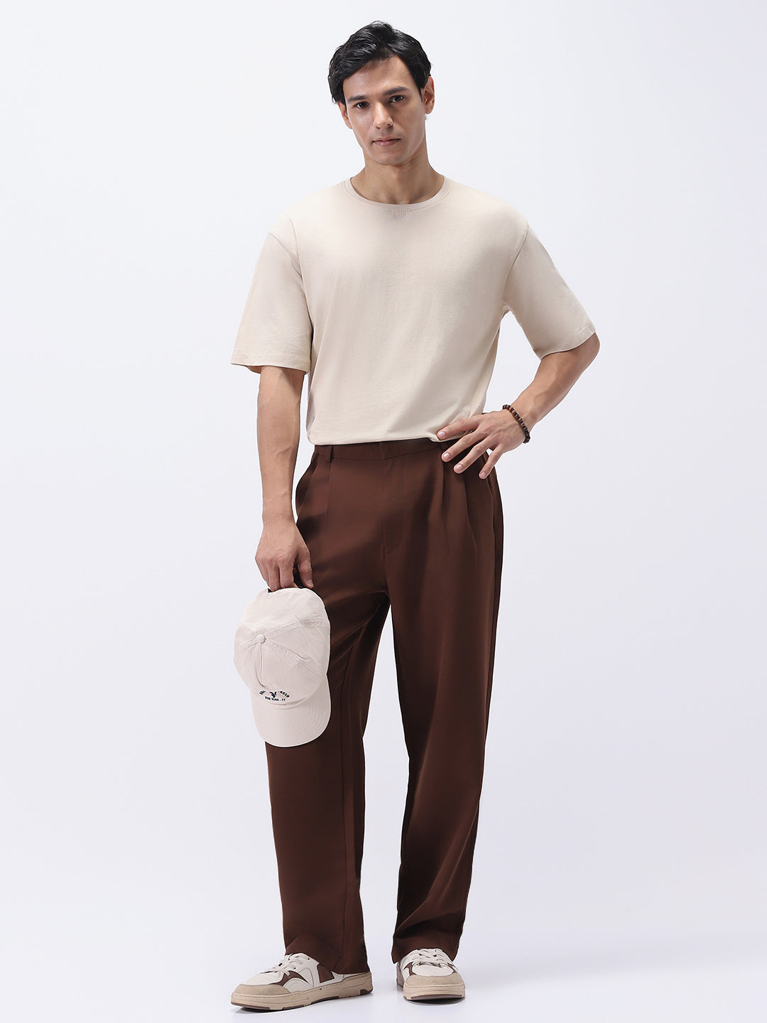 Men's Brown Loose Baggy Fit Solid Korean Pants Stretchable