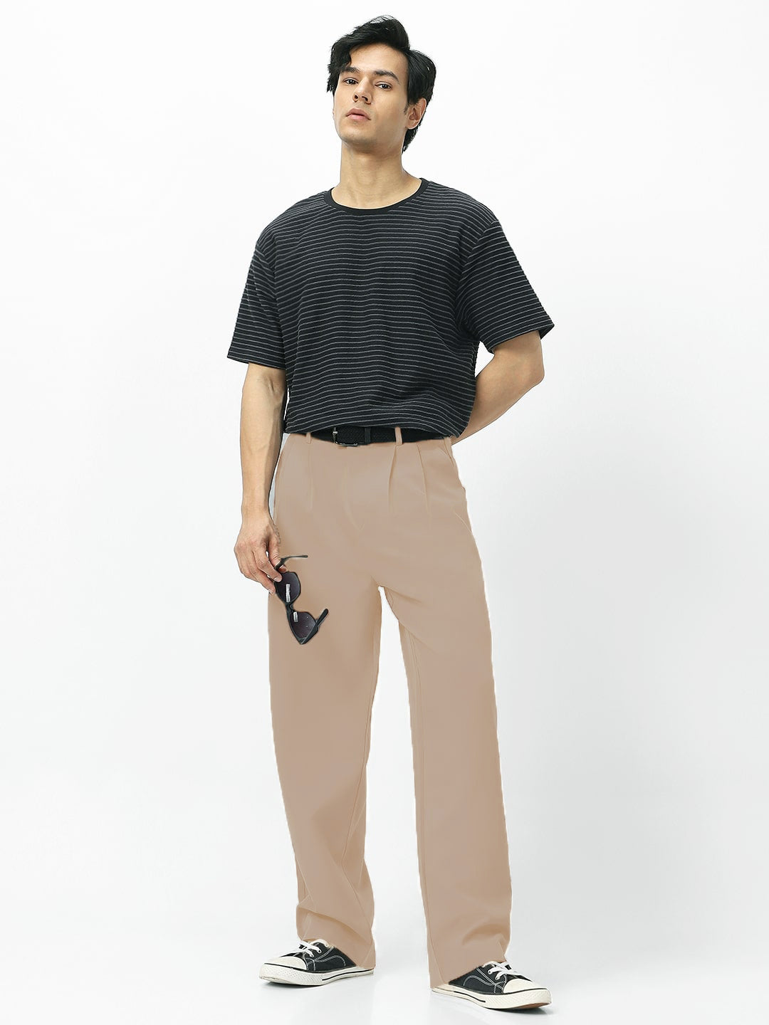 Men's Cream Loose Baggy Fit Solid Korean Pants Stretchable
