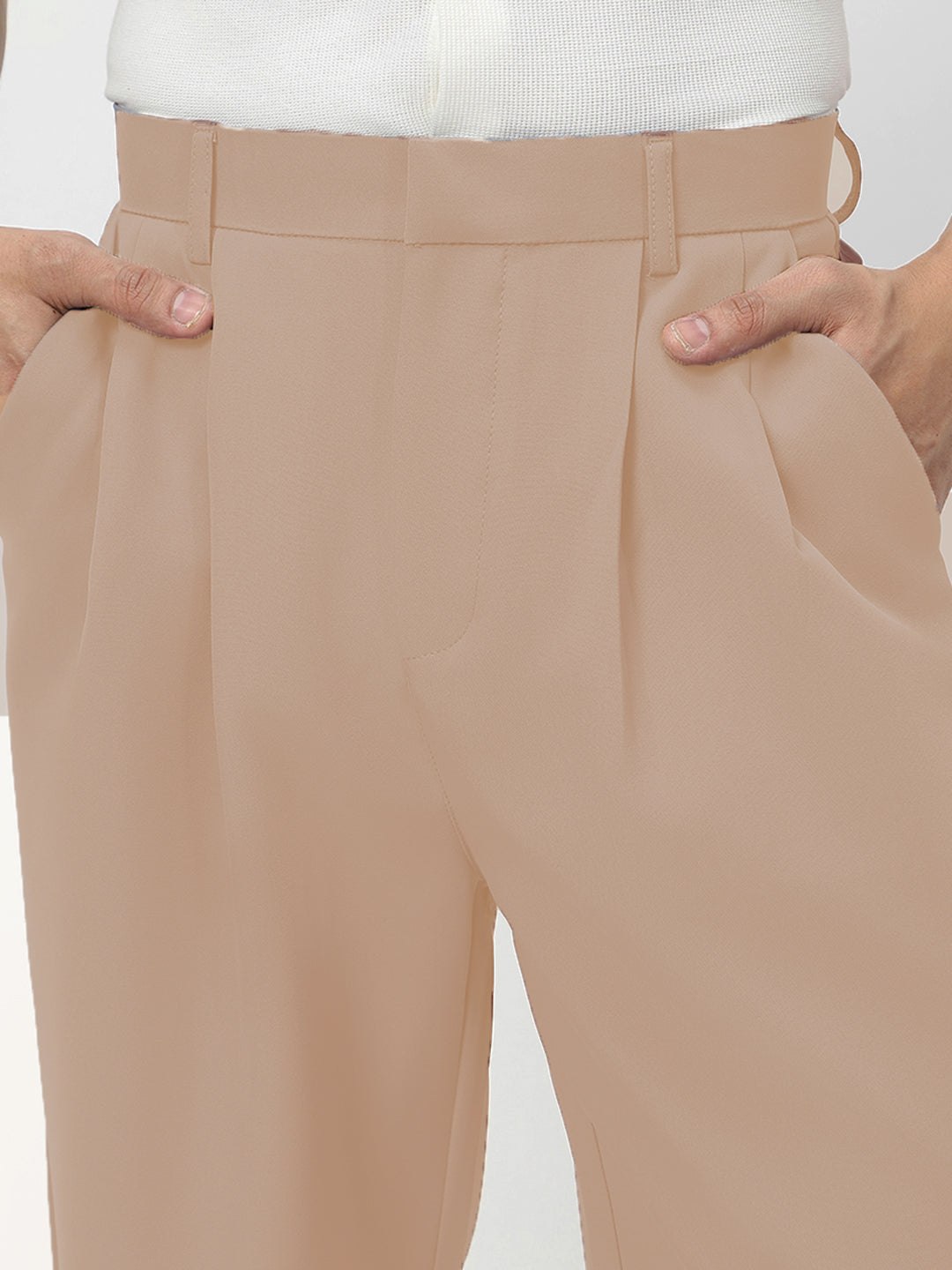 Men's Cream Loose Baggy Fit Solid Korean Pants Stretchable