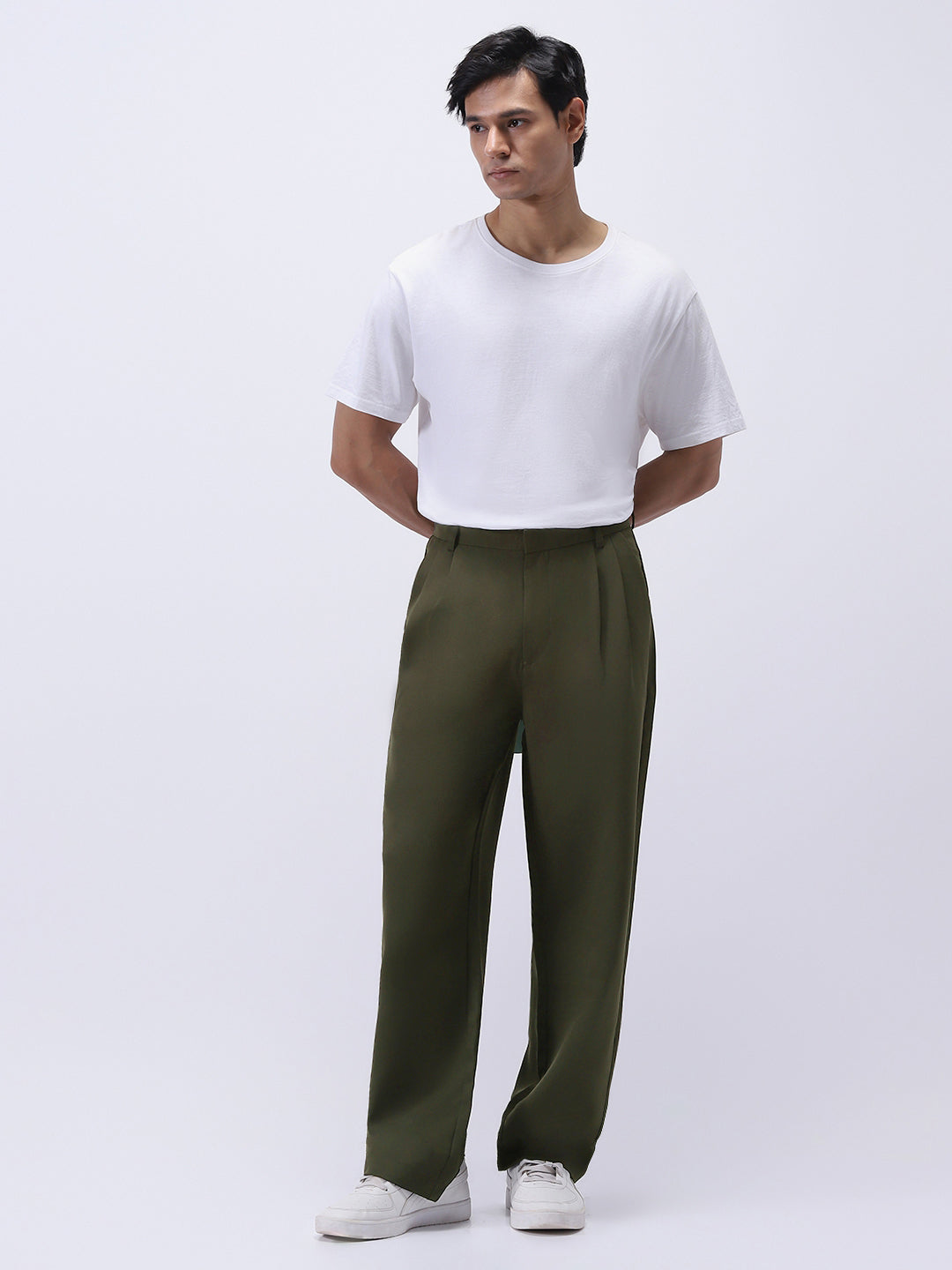 Men's Dark Green Loose Baggy Fit Solid Korean Pants Stretchable