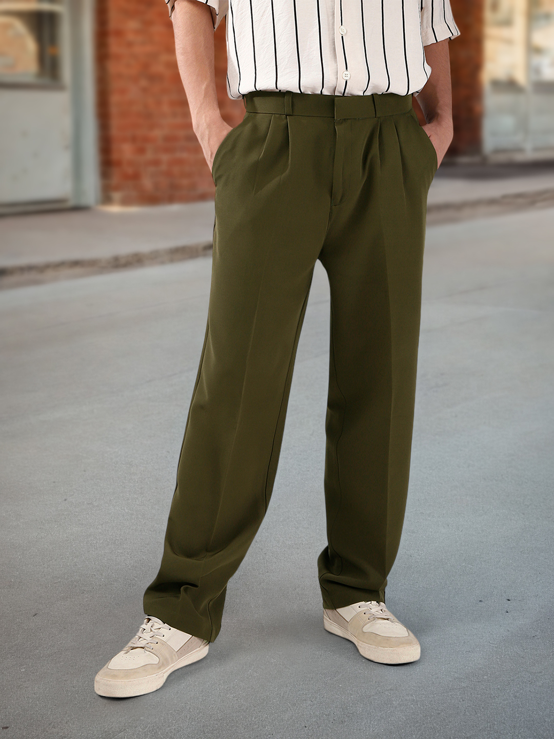 Men's Dark Olive Loose Baggy Fit Solid Korean Pants Stretchable