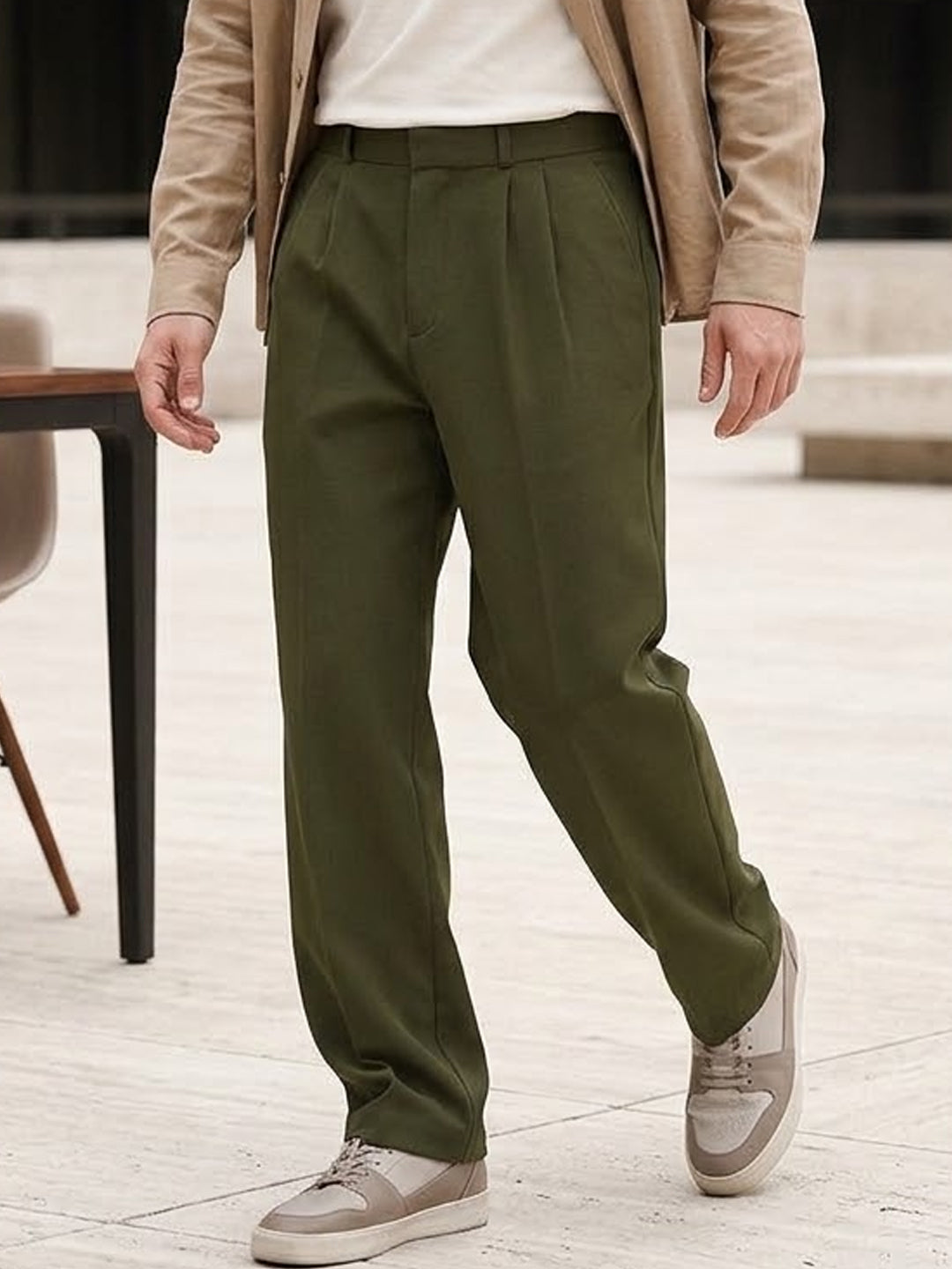 Men's Dark Olive Loose Baggy Fit Solid Korean Trousers Stretchable