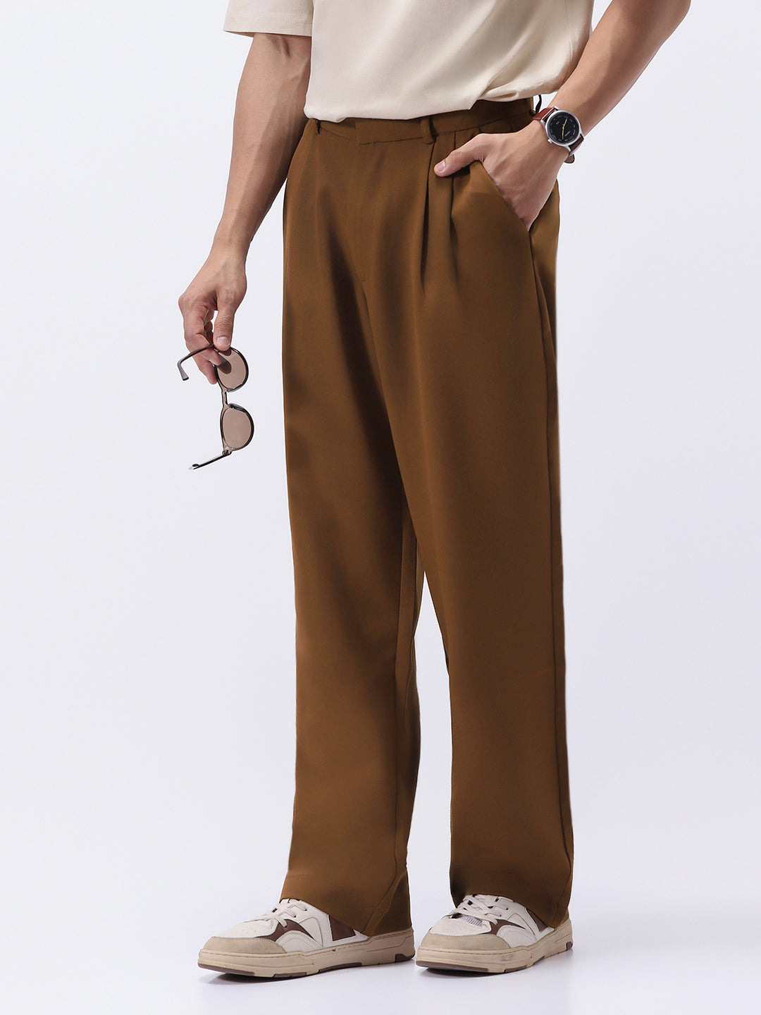 Men's Mocha Brown Loose Baggy Fit Solid Korean Pants Stretchable