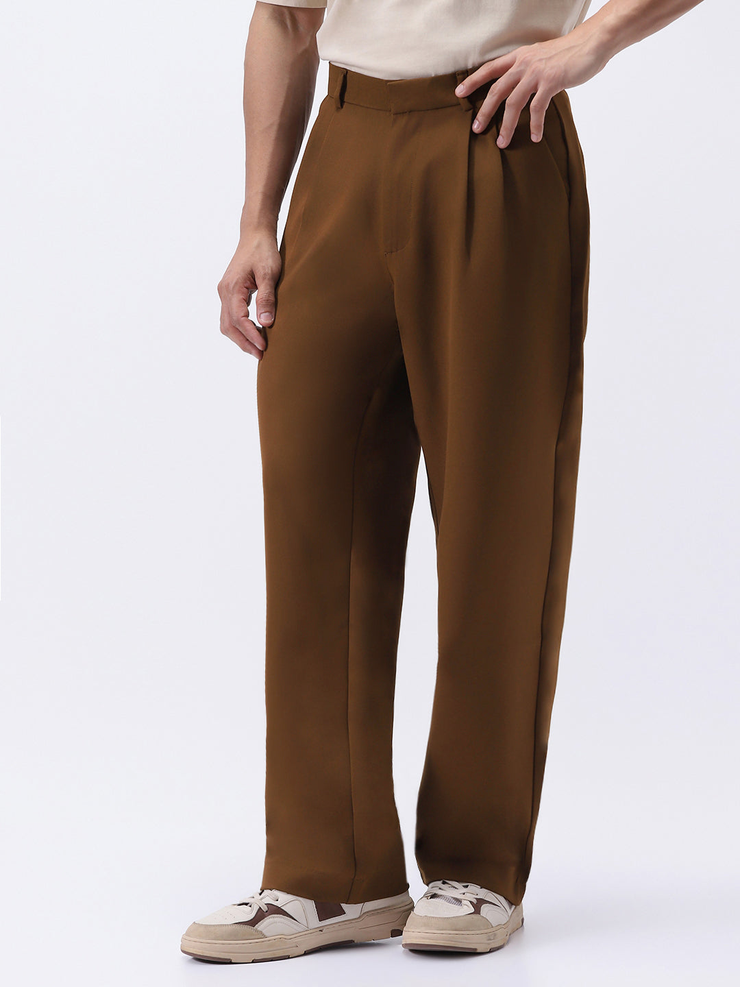 Men's Mocha Brown Loose Baggy Fit Solid Korean Pants Stretchable