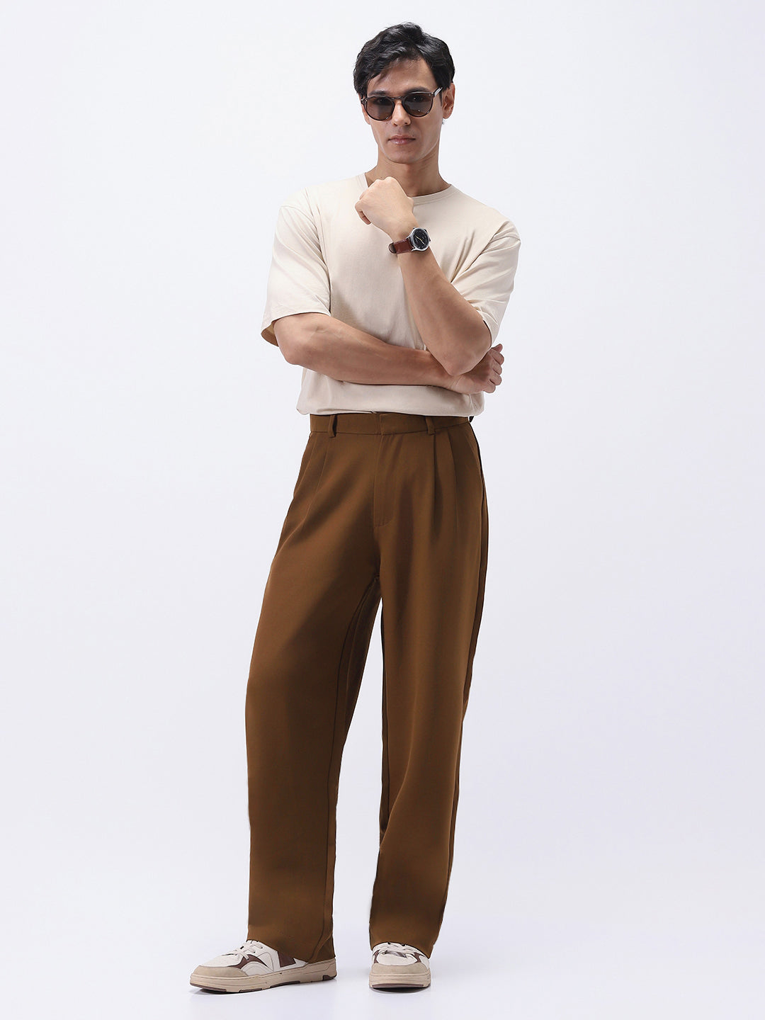 Men's Mocha Brown Loose Baggy Fit Solid Korean Pants Stretchable