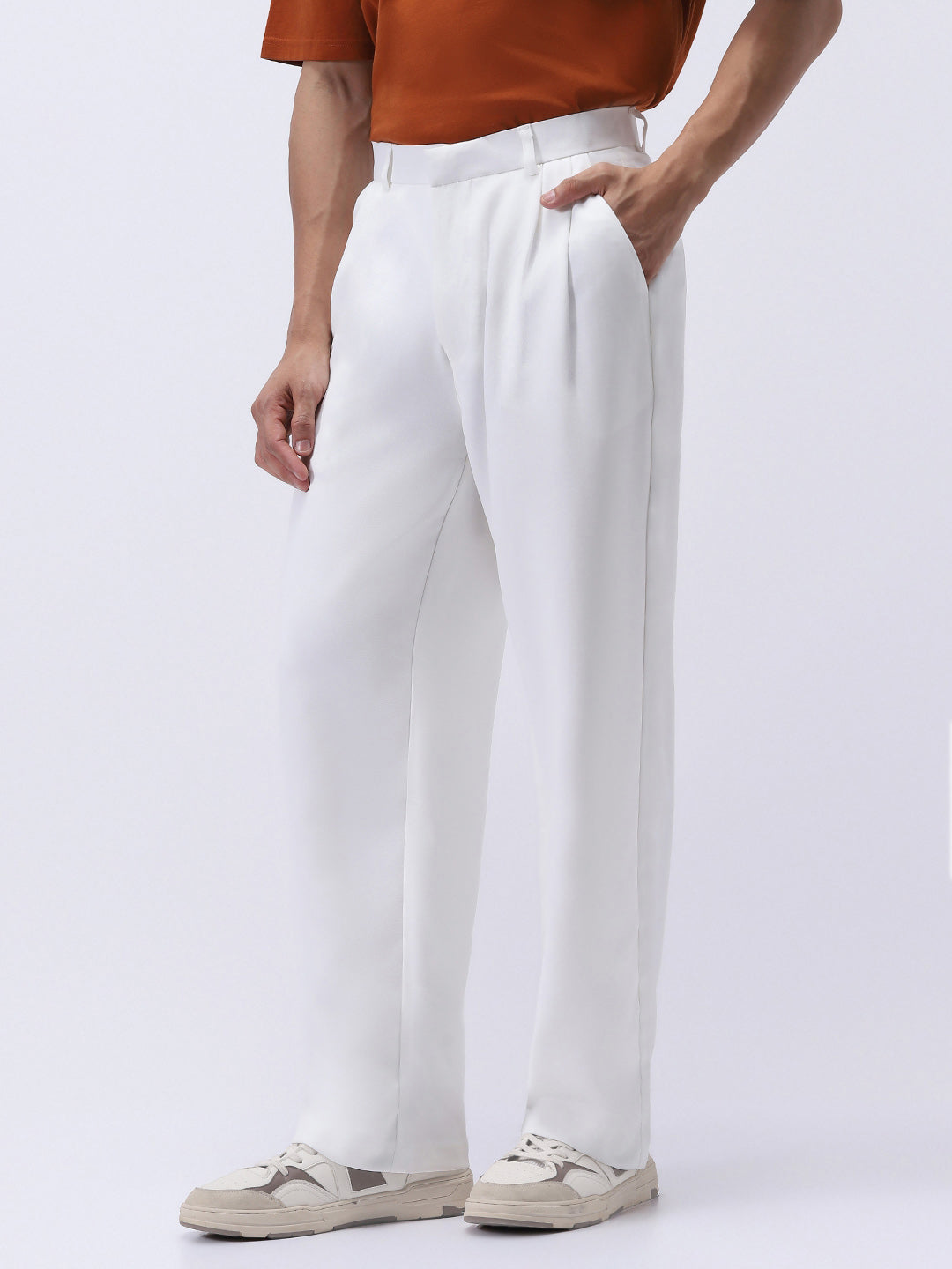 Men's White Loose Baggy Fit Solid Korean Pants Stretchable