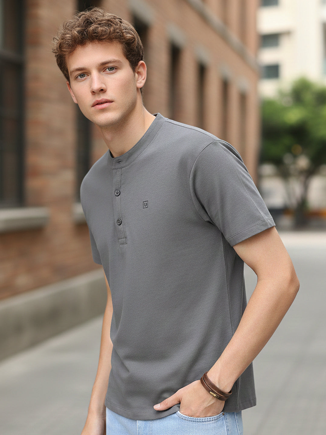 Men's Dark Grey Solid Mandarin Collar Slim Fit Half Sleeve Cotton T-Shirt