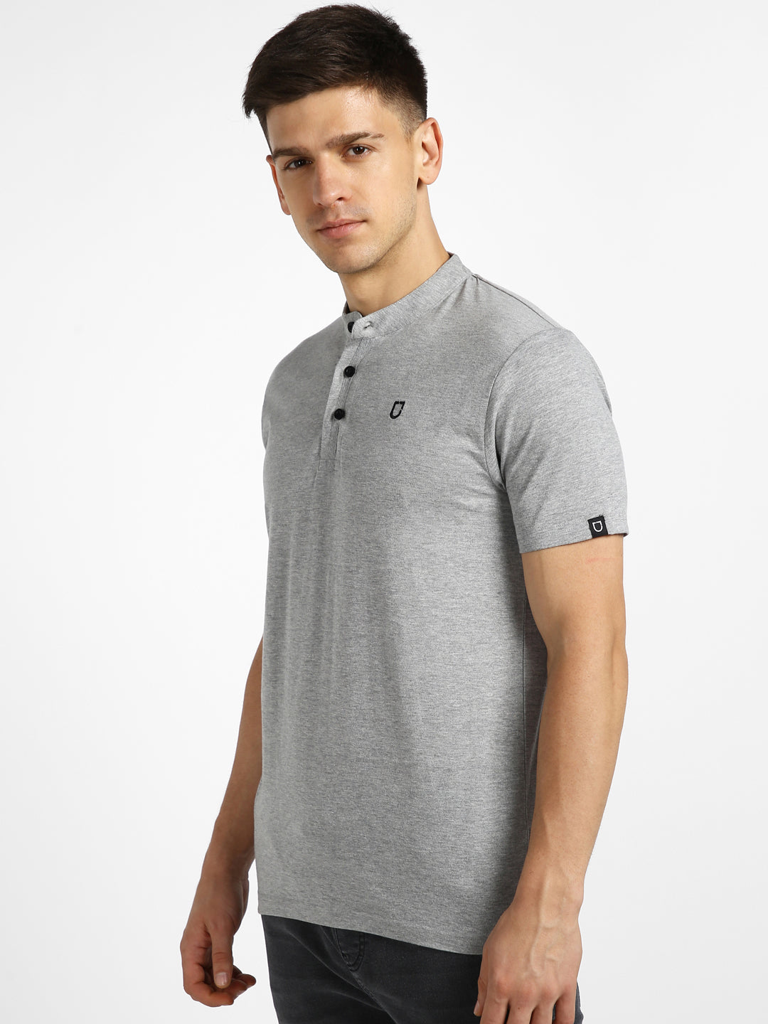 Urbano Fashion Men's Grey Melange Solid Mandarin Collar Slim Fit Half Sleeve Cotton T-Shirt
