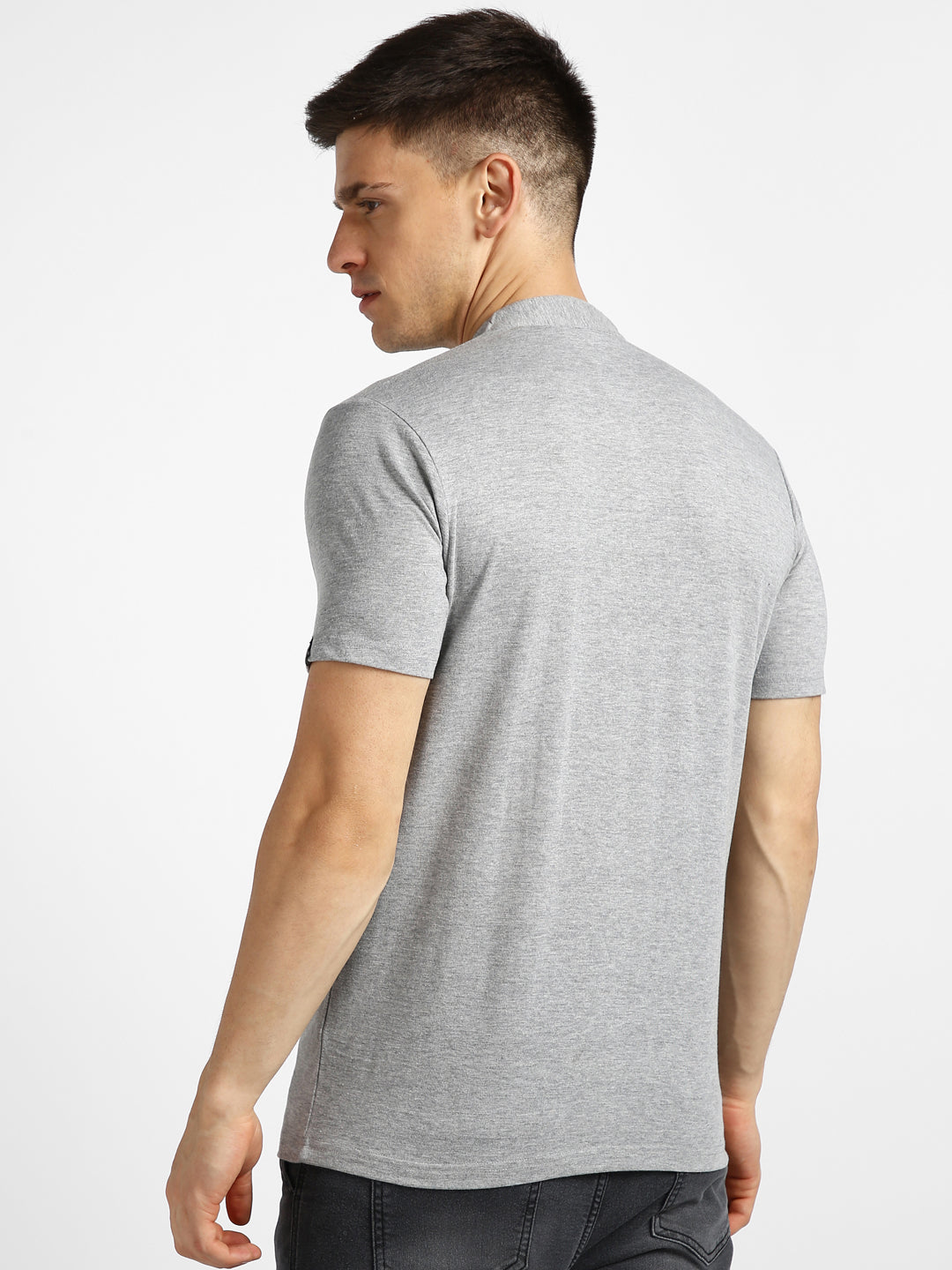 Urbano Fashion Men's Grey Melange Solid Mandarin Collar Slim Fit Half Sleeve Cotton T-Shirt