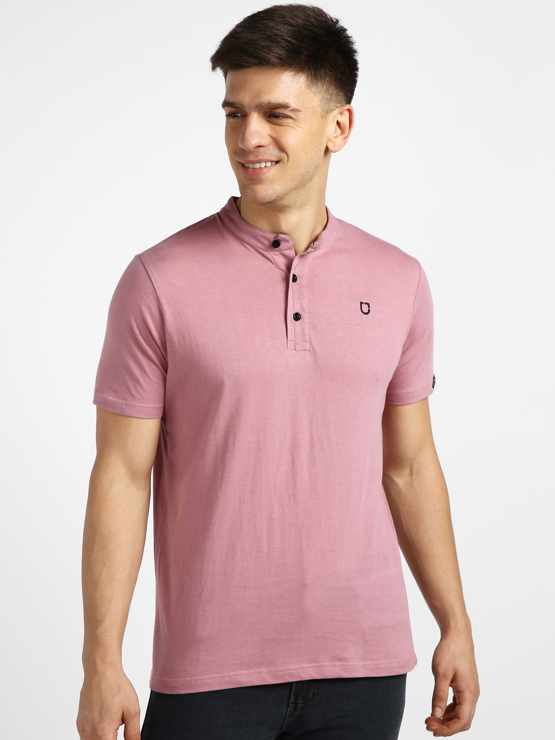 Men's Lilac Solid Mandarin Collar Slim Fit Half Sleeve Cotton T-Shirt