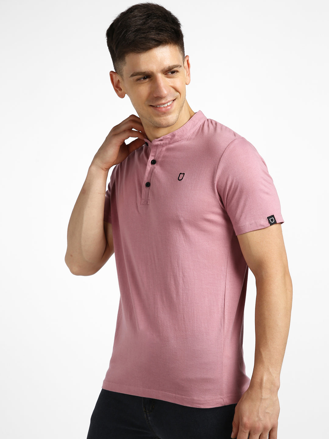 Urbano Fashion Men's Lilac Solid Mandarin Collar Slim Fit Half Sleeve Cotton T-Shirt