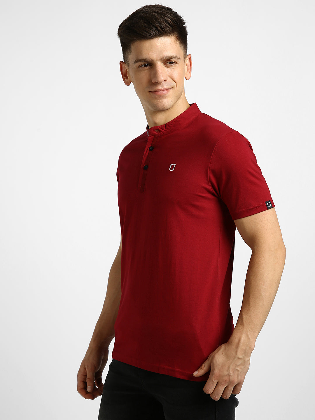 Urbano Fashion Men's Maroon Solid Mandarin Collar Slim Fit Half Sleeve Cotton T-Shirt