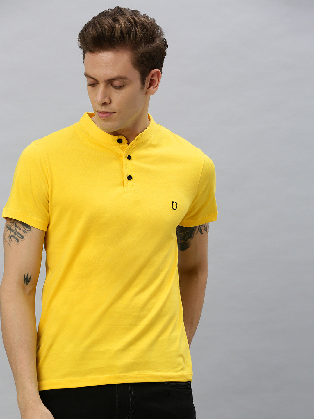 Men's Mustard Solid Mandarin Collar Slim Fit Cotton T-Shirt