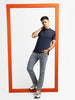 Urbano Fashion Men's Navy Melange Solid Mandarin Collar Slim Fit Half Sleeve Cotton T-Shirt