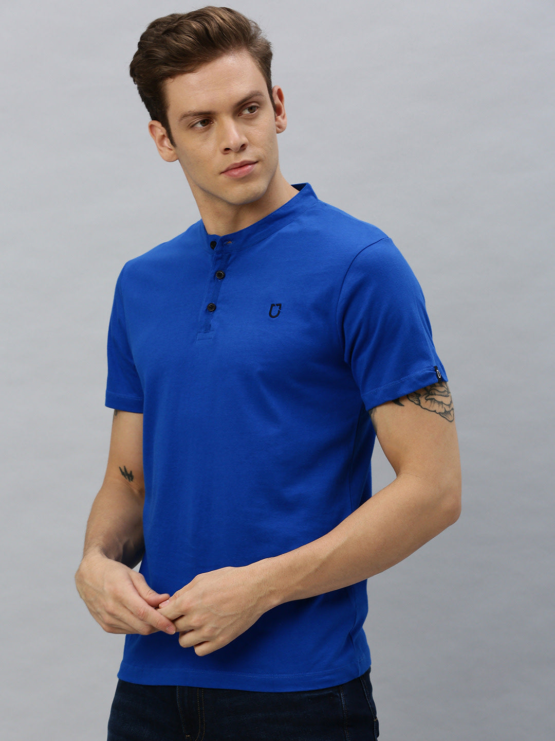 Urbano Fashion Men's Royal Blue Solid Mandarin Collar Slim Fit Cotton T-Shirt