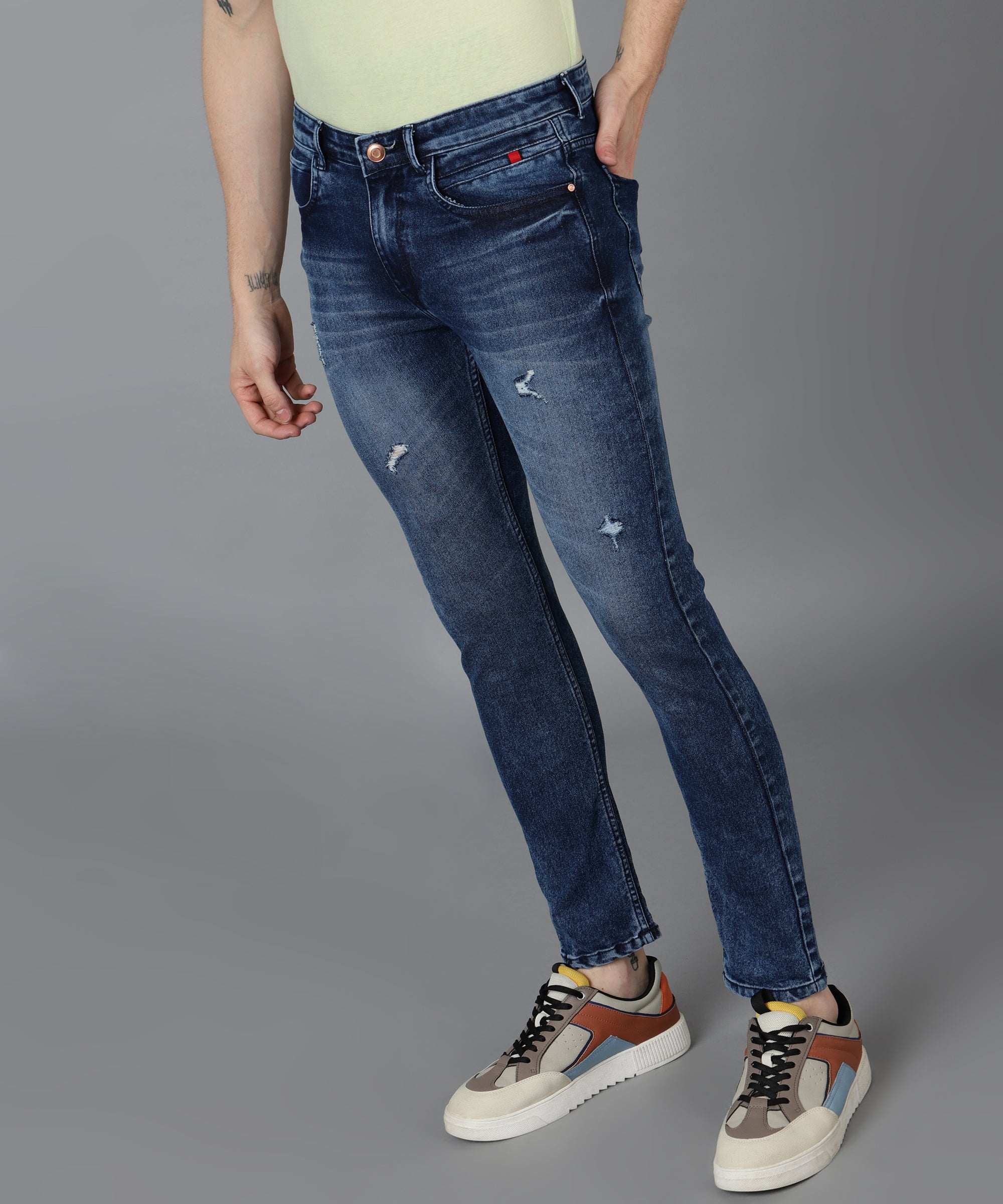 Urbano Fashion Men's Navy Slim Fit Mild Distressed/Torn Jeans Stretchable